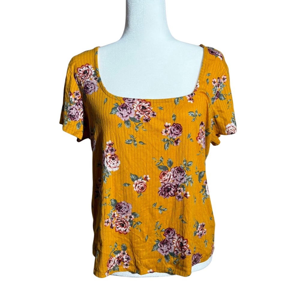 No Comment Plus Mustard Yellow Floral Ribbed Scoop Neck Short Sleeve Top